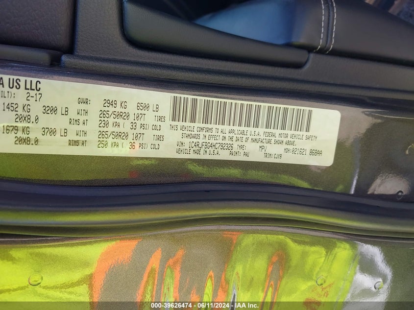 2017 Jeep Grand Cherokee Limited 4X4 VIN: 1C4RJFBG4HC792326 Lot: 39626474