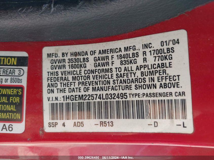 2004 Honda Civic Lx VIN: 1HGEM22574L032495 Lot: 39626480