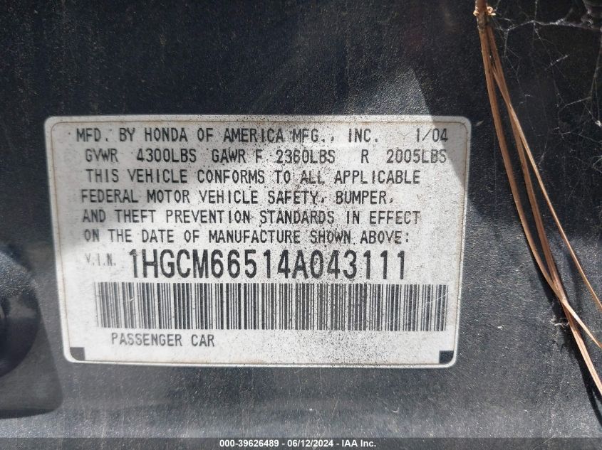 2004 Honda Accord 3.0 Ex VIN: 1HGCM66514A043111 Lot: 39626489