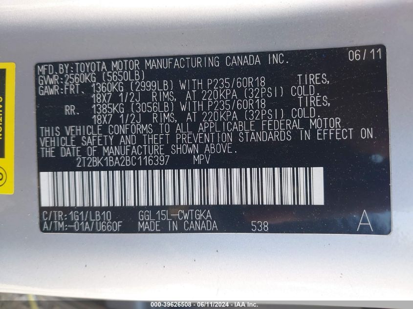 2011 Lexus Rx 350 VIN: 2T2BK1BA2BC116397 Lot: 39626508