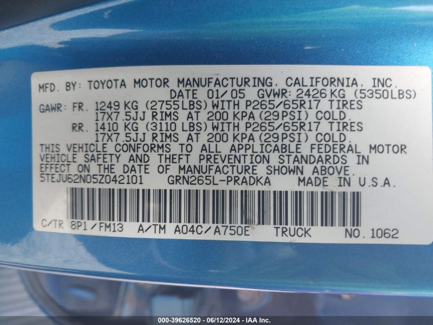 2005 Toyota Tacoma Prerunner V6 VIN: 5TEJU62N05Z042101 Lot: 39626520