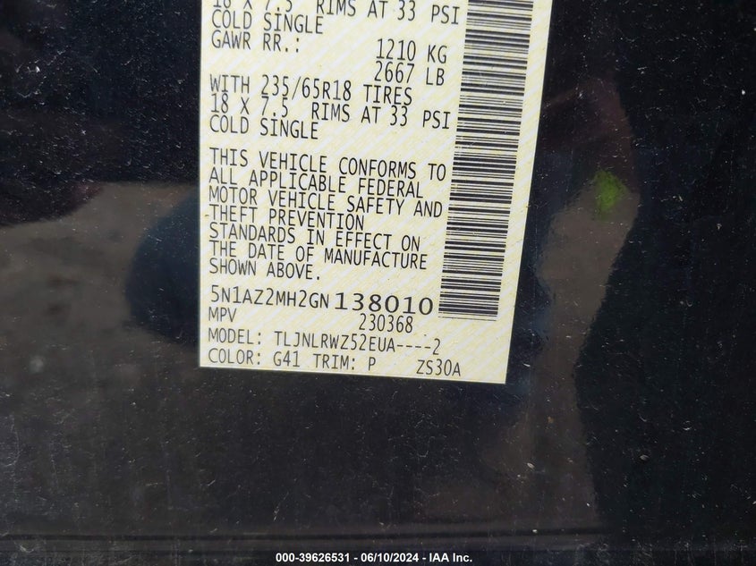 2016 Nissan Murano Sl VIN: 5N1AZ2MH2GN138010 Lot: 39626531