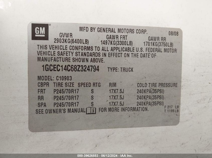2008 Chevrolet Silverado 1500 Work Truck VIN: 1GCEC14C68Z324794 Lot: 39626553