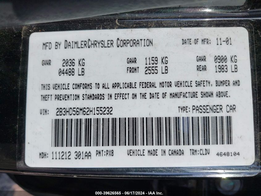 2002 Dodge Intrepid Es VIN: 2B3HD56M62H155232 Lot: 39626565