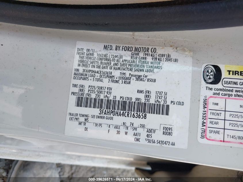 2012 Ford Fusion Se VIN: 3FAHP0HA4CR163658 Lot: 39626571