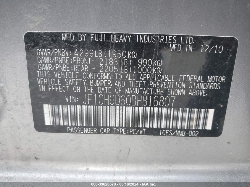 2011 Subaru Impreza Outback Sport VIN: JF1GH6D60BH816807 Lot: 39626579