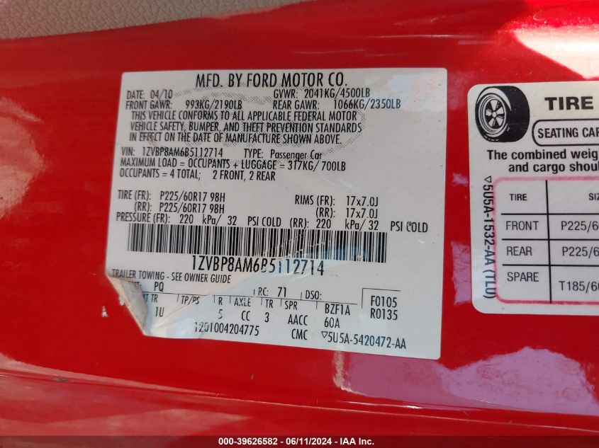 2011 Ford Mustang V6/V6 Premium VIN: 1ZVBP8AM6B5112714 Lot: 39626582