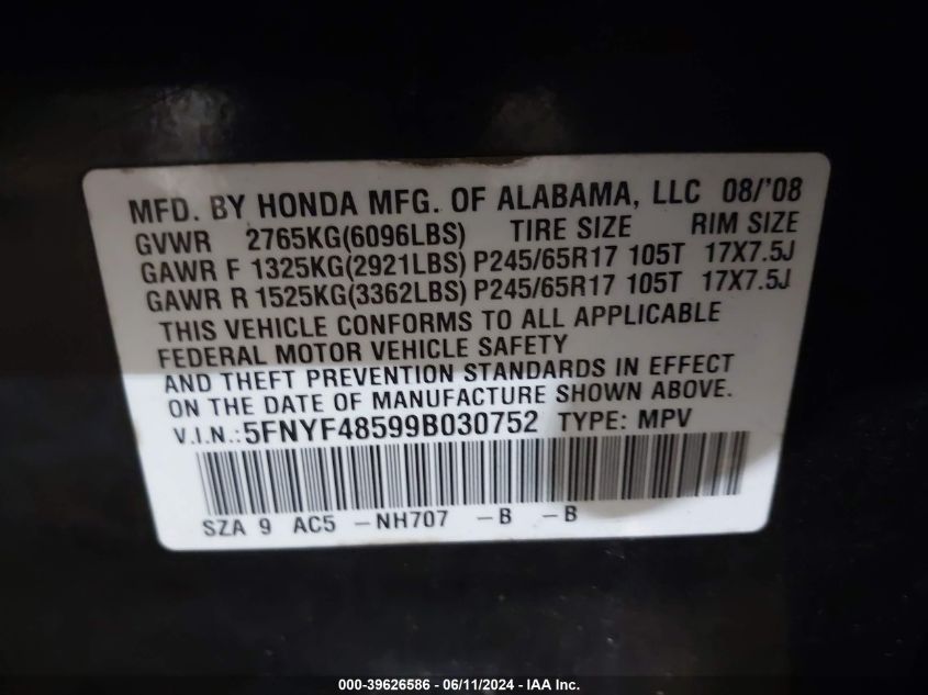 2009 Honda Pilot Ex-L VIN: 5FNYF48599B030752 Lot: 39626586