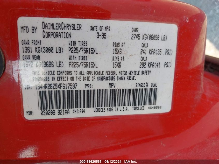 1999 Dodge Durango VIN: 1B4HR28Z5XF617597 Lot: 39626588