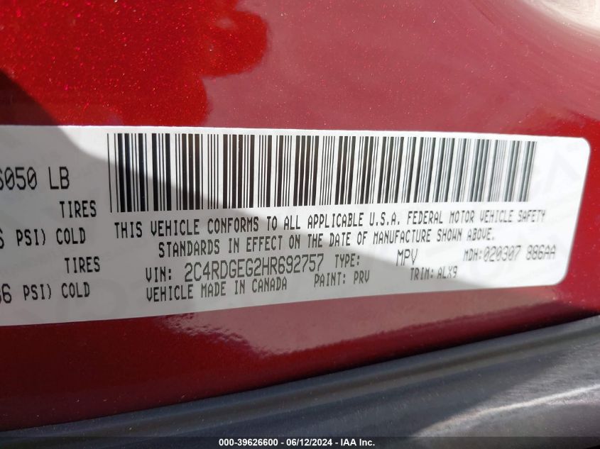 2017 Dodge Grand Caravan Gt VIN: 2C4RDGEG2HR692757 Lot: 39626600
