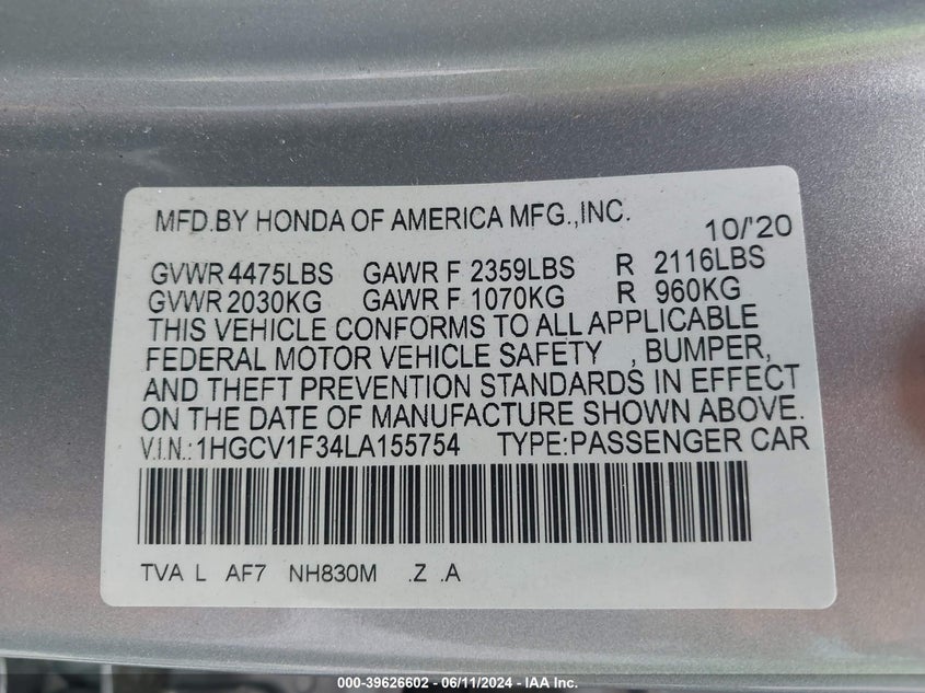 VIN 1HGCV1F34LA155754 2020 HONDA ACCORD SPORT