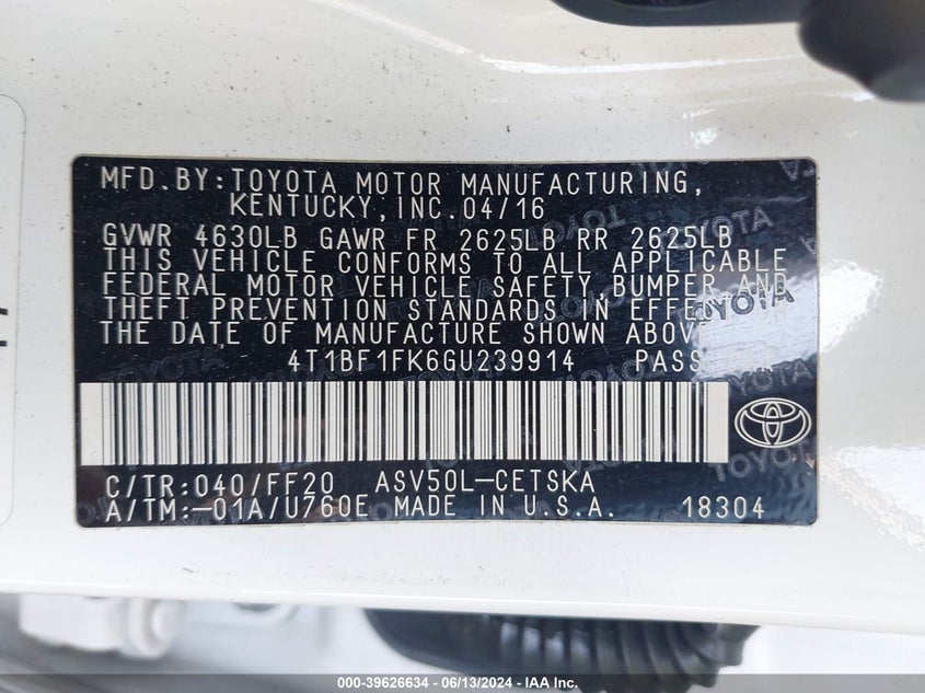 2016 Toyota Camry Se VIN: 4T1BF1FK6GU239914 Lot: 39626634