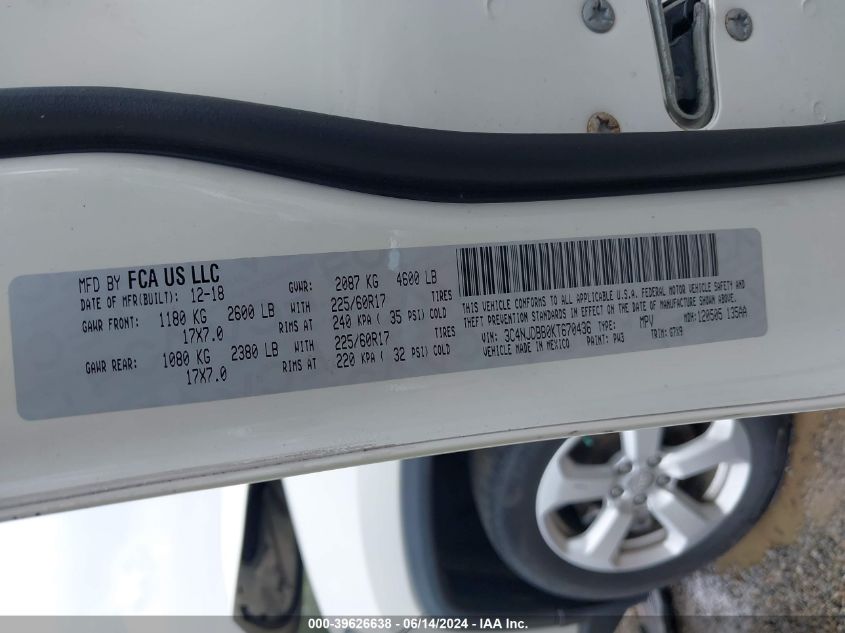 2019 Jeep Compass Latitude 4X4 VIN: 3C4NJDBB0KT670436 Lot: 39626638