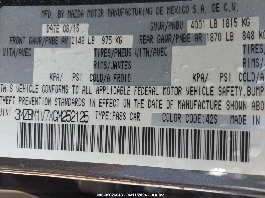 2016 Mazda Mazda3 I Touring VIN: 3MZBM1V7XGM252125 Lot: 39626643