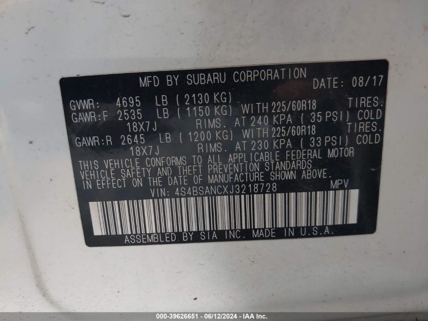 2018 Subaru Outback 2.5I Limited VIN: 4S4BSANCXJ3218728 Lot: 39626651