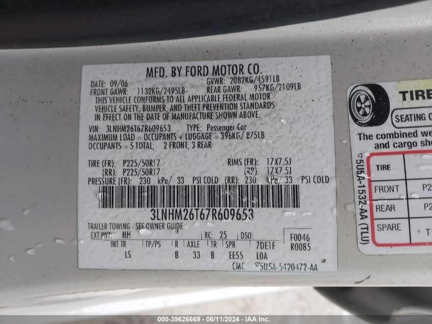 2007 Lincoln Mkz VIN: 3LNHM26T67R609653 Lot: 39626669