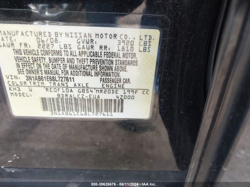 2008 Nissan Sentra 2.0 VIN: 3N1AB61E68L727611 Lot: 39626676