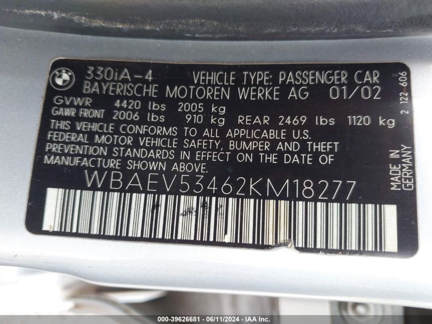 2002 BMW 330I VIN: WBAEV53462KM18277 Lot: 39626681