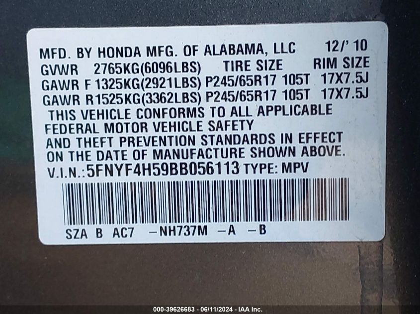 2011 Honda Pilot Ex-L VIN: 5FNYF4H59BB056113 Lot: 39626683