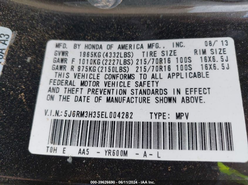 2014 Honda Cr-V Lx VIN: 5J6RM3H35EL004282 Lot: 39626690