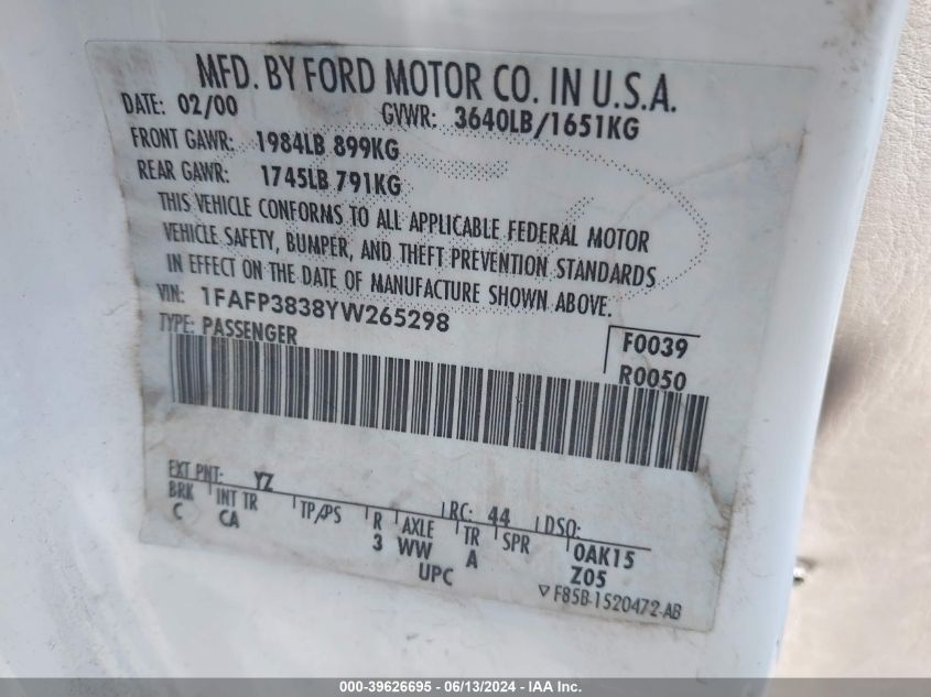 2000 Ford Focus Zts VIN: 1FAFP3838YW265298 Lot: 39626695