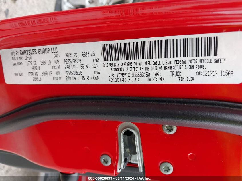 2011 Ram Ram 1500 Laramie VIN: 1D7RV1CT9BS593150 Lot: 39626699