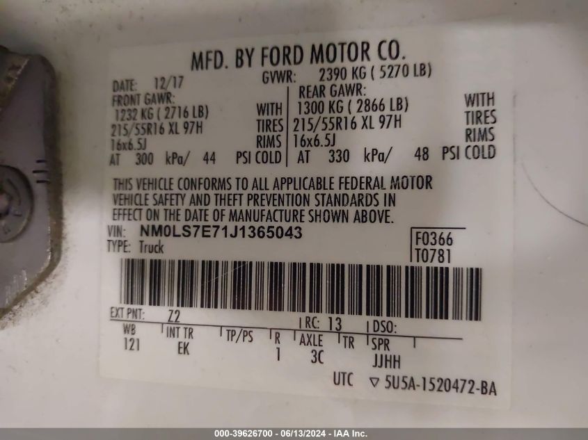 2018 Ford Transit Connect Xl VIN: NM0LS7E71J1365043 Lot: 39626700