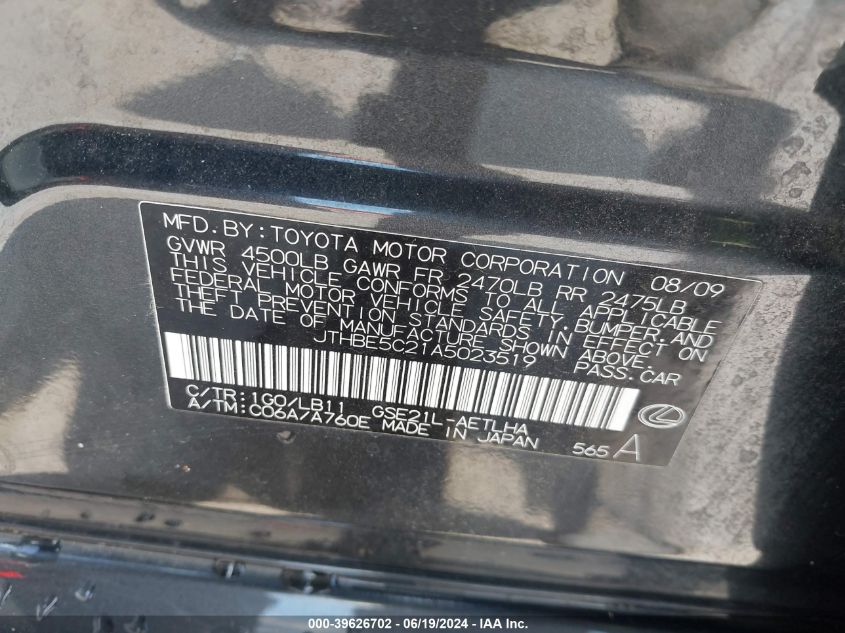 2010 Lexus Is 350 VIN: JTHBE5C21A5023519 Lot: 39626702