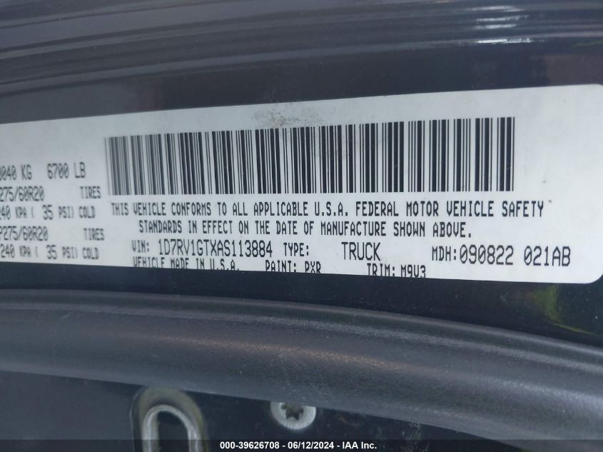 2010 Dodge Ram 1500 Slt/Sport/Trx VIN: 1D7RV1GTXAS113884 Lot: 39626708