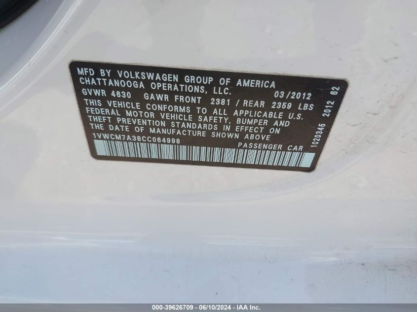 2012 Volkswagen Passat 3.6L V6 Sel Premium VIN: 1VWCM7A38CC064998 Lot: 39626709