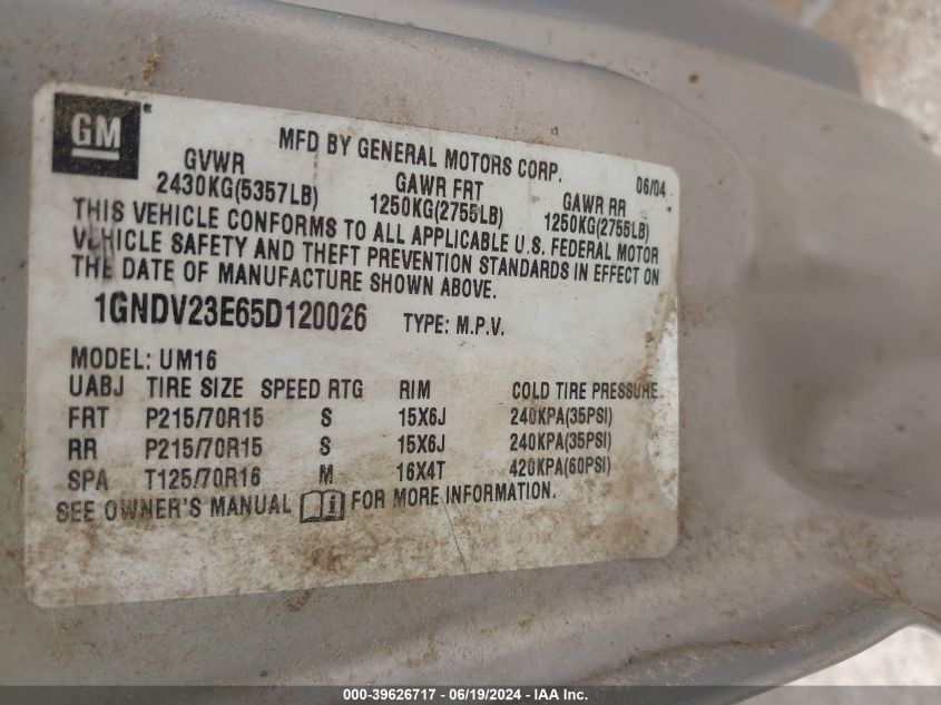 2005 Chevrolet Venture Ls VIN: 1GNDV23E65D120026 Lot: 39626717