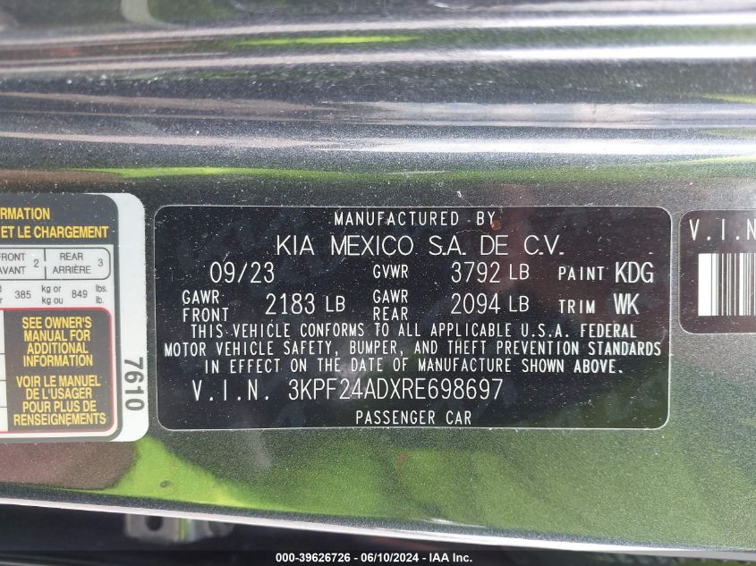2024 Kia Forte Lxs VIN: 3KPF24ADXRE698697 Lot: 39626726