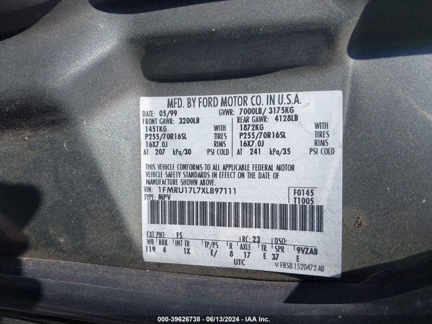 1999 Ford Expedition Eddie Bauer/Xlt VIN: 1FMRU17L7XLB97111 Lot: 39626738