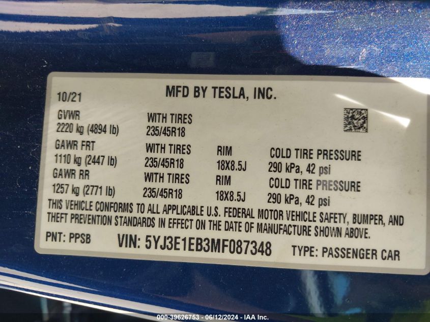 2021 Tesla Model 3 Long Range Dual Motor All-Wheel Drive VIN: 5YJ3E1EB3MF087348 Lot: 39626753