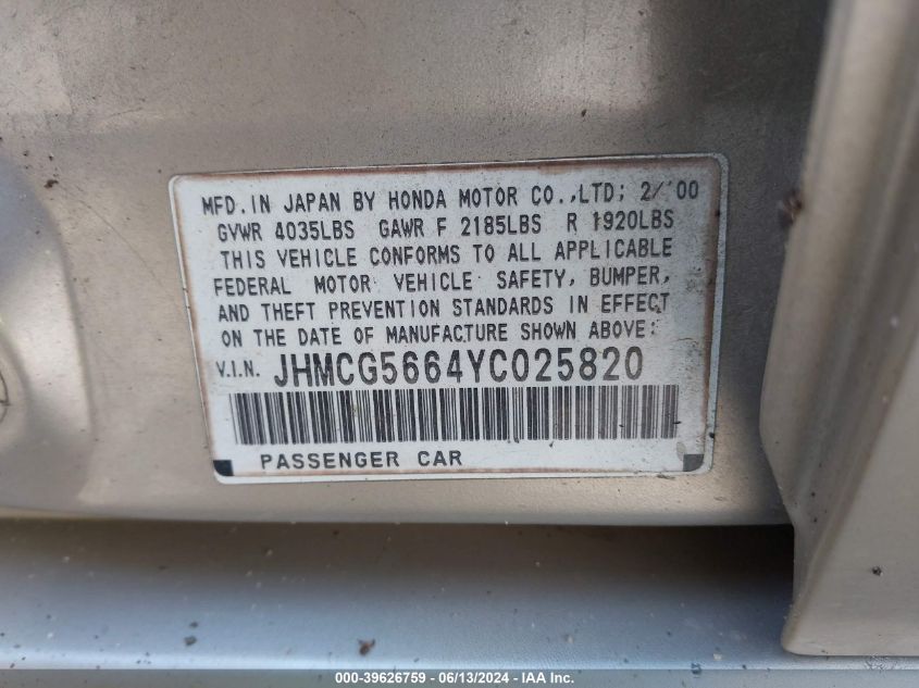 2000 Honda Accord 2.3 Ex VIN: JHMCG5664YC025820 Lot: 39626759