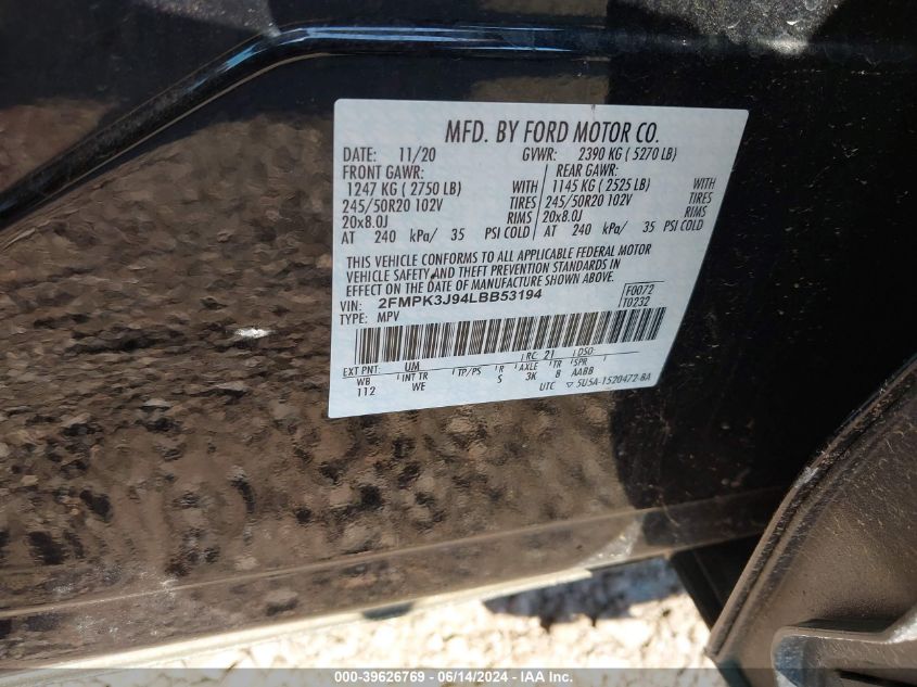 2020 Ford Edge St Line VIN: 2FMPK3J94LBB53194 Lot: 39626769