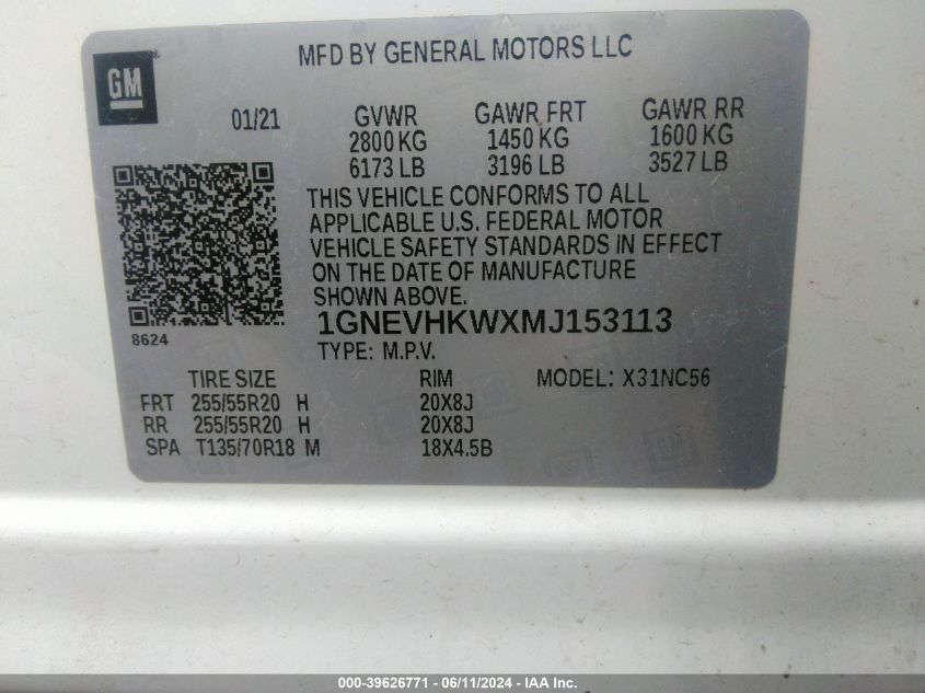 2021 Chevrolet Traverse Awd Lt Leather VIN: 1GNEVHKWXMJ153113 Lot: 39626771