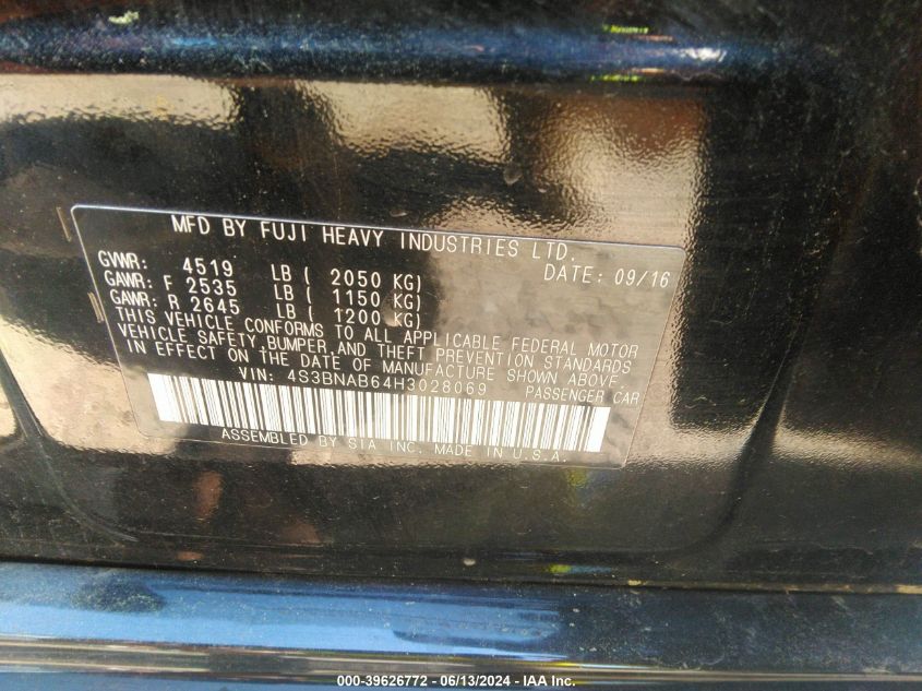 2017 Subaru Legacy 2.5I VIN: 4S3BNAB64H3028069 Lot: 39626772