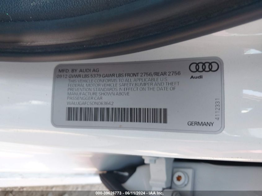 2013 Audi A6 3.0T Premium VIN: WAUJGAFC5DN063642 Lot: 39626773