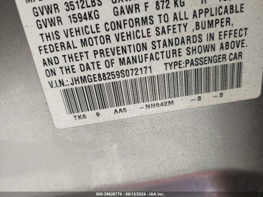 2009 Honda Fit VIN: JHMGE88259S072171 Lot: 39626776