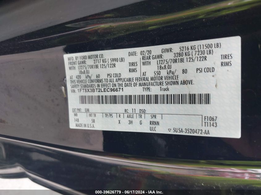2020 Ford F-350 Lariat VIN: 1FT8X3BT2LEC96671 Lot: 39626779