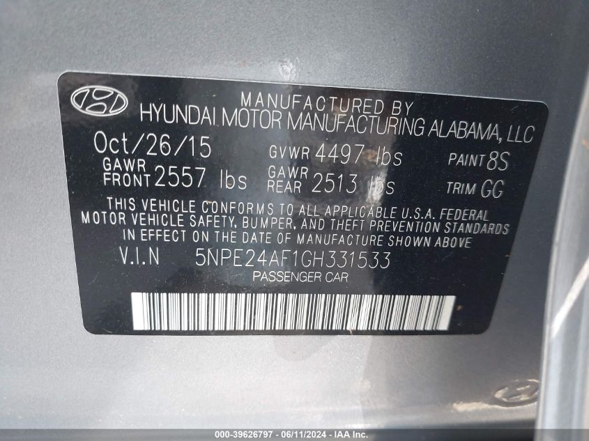 2016 Hyundai Sonata Se VIN: 5NPE24AF1GH331533 Lot: 39626797