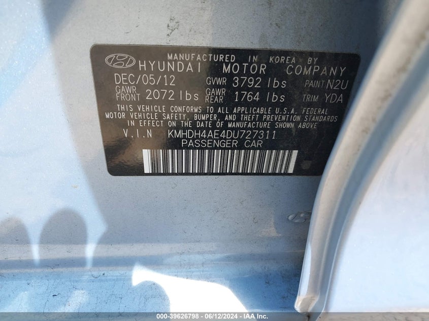 2013 Hyundai Elantra Gls VIN: KMHDH4AE4DU727311 Lot: 39626798