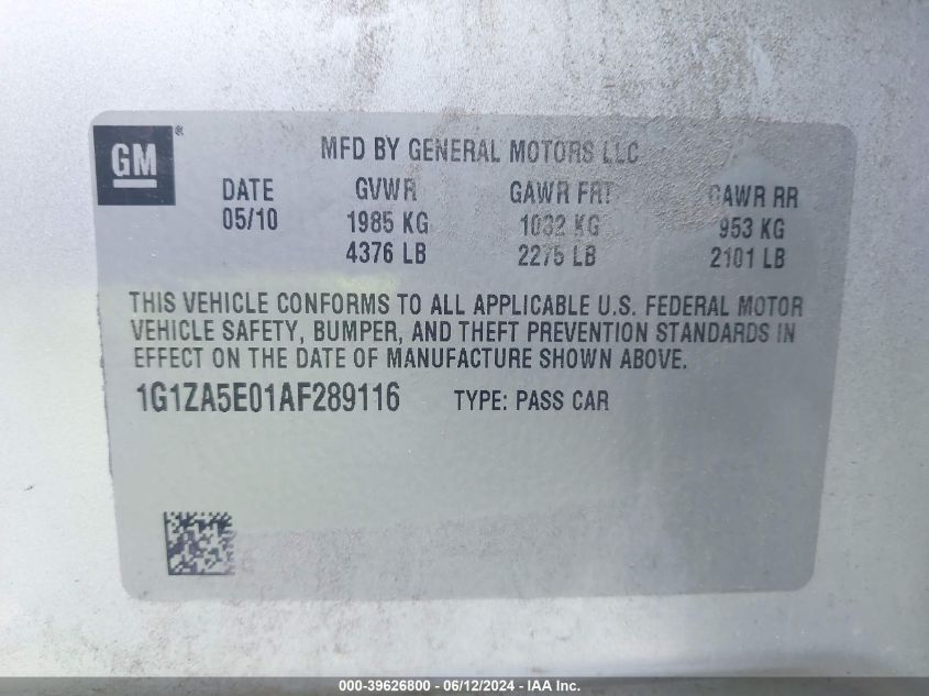 2010 Chevrolet Malibu Ls VIN: 1G1ZA5E01AF289116 Lot: 39626800