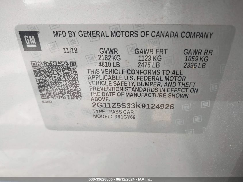 2019 Chevrolet Impala Lt VIN: 2G11Z5S33K9124926 Lot: 39626805