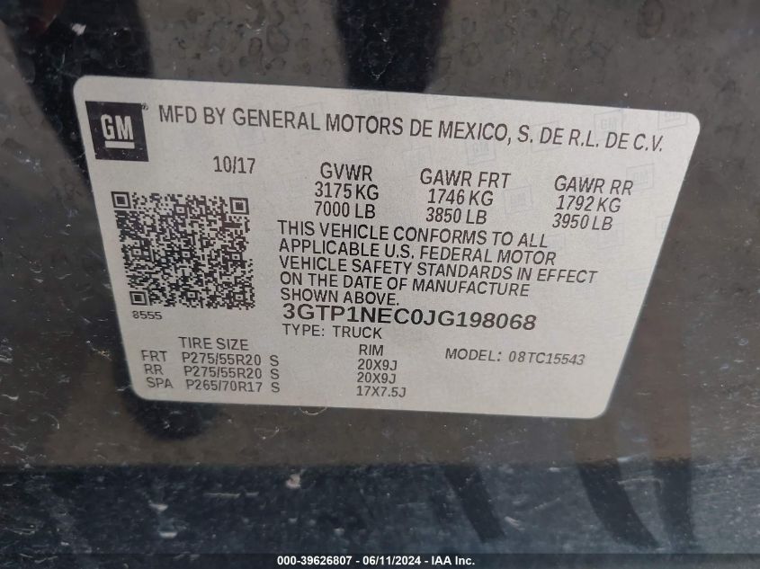 2018 GMC Sierra 1500 Slt VIN: 3GTP1NEC0JG198068 Lot: 39626807