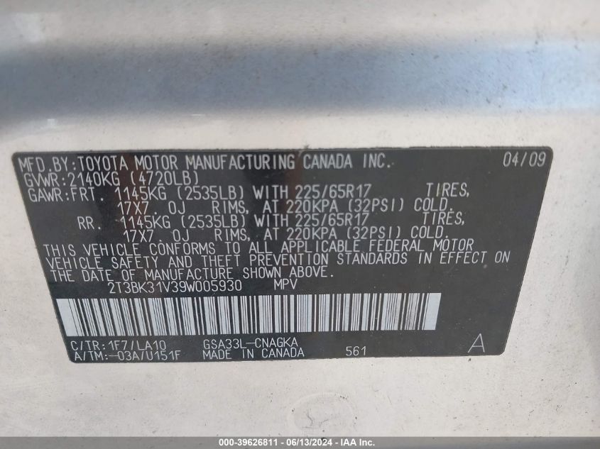 2009 Toyota Rav4 Limited V6 VIN: 2T3BK31V39W005930 Lot: 39626811