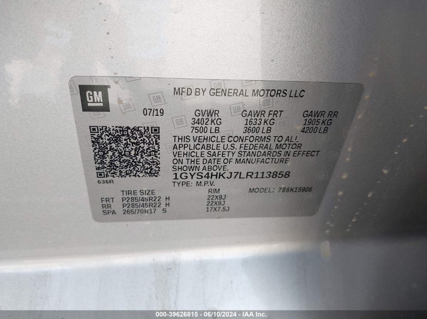 2020 Cadillac Escalade Esv 4Wd Luxury VIN: 1GYS4HKJ7LR113858 Lot: 39626815