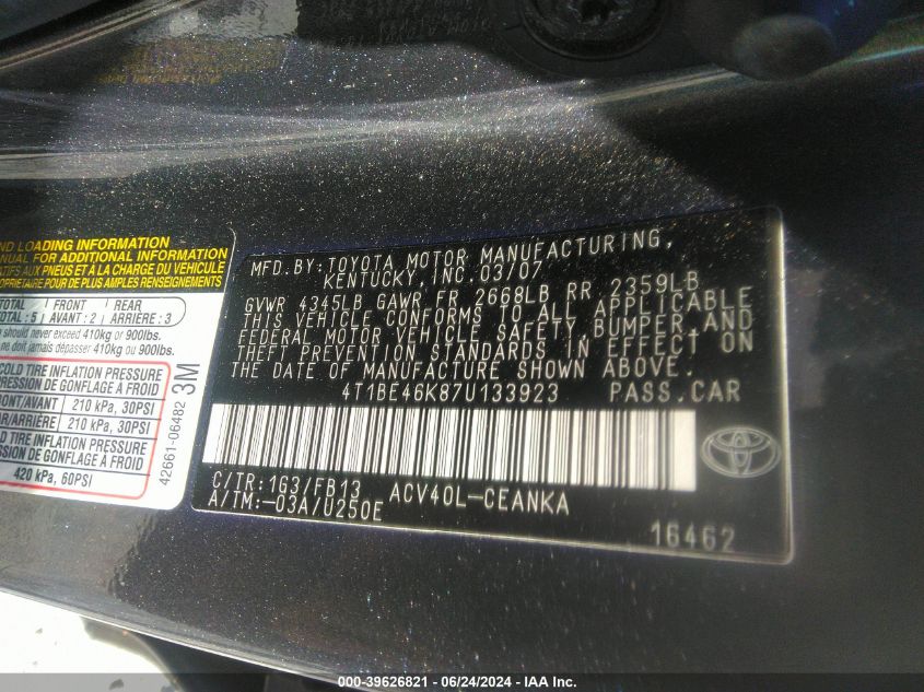 4T1BE46K87U133923 2007 Toyota Camry Le