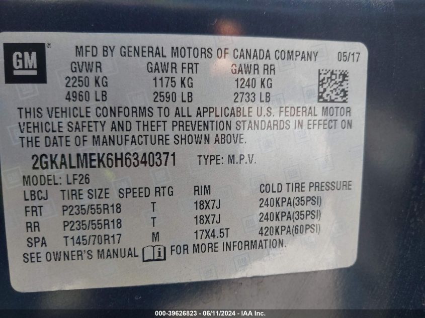 2017 GMC Terrain Sle-1 VIN: 2GKALMEK6H6340371 Lot: 39626823